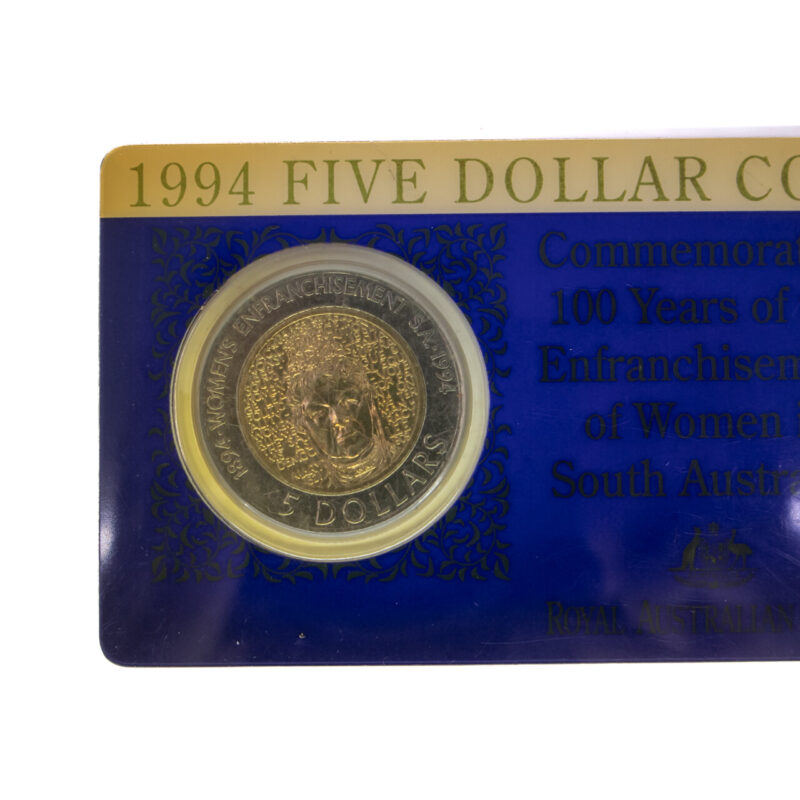 1994 (UNC) Centenary of Womens Vote Five Dollar $5 Bimetal Coin - on Card #64292-16