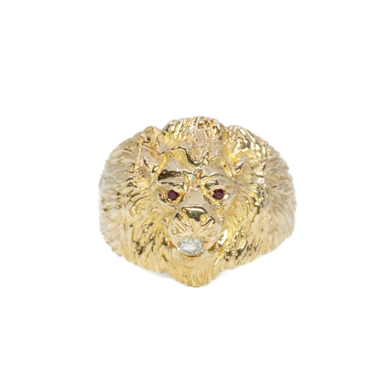 9ct Yellow Gold Diamond & Ruby Lion Head Ring Size V #64452