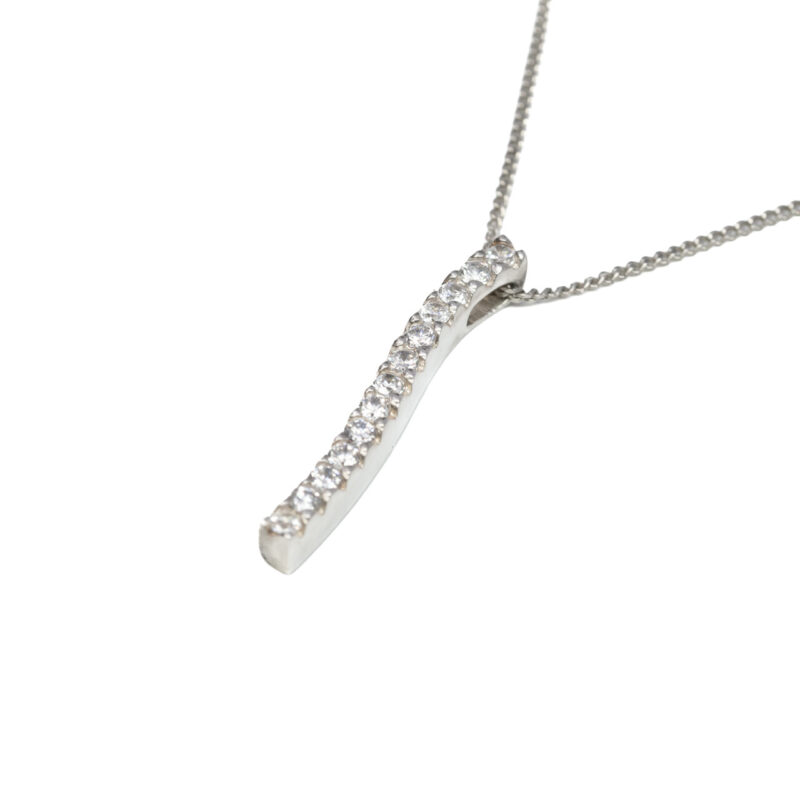 Sterling Silver Cubic Zirconia Bar Pendant with Curb Link Chain Necklace #64185