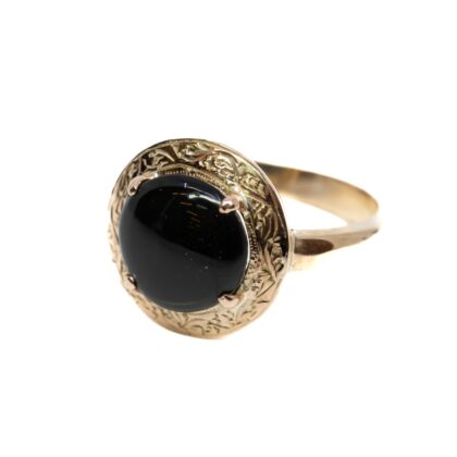 14ct Yellow Gold Cabochon Dark Green Cat’s Eye Tourmaline Ring Size P #61058