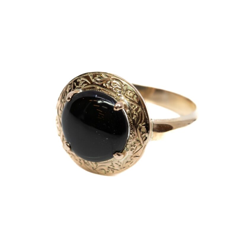 14ct Yellow Gold Cabochon Dark Green Cat's Eye Tourmaline Ring Size P #61058-1