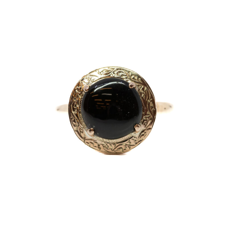 14ct Yellow Gold Cabochon Dark Green Cat's Eye Tourmaline Ring Size P #61058-1