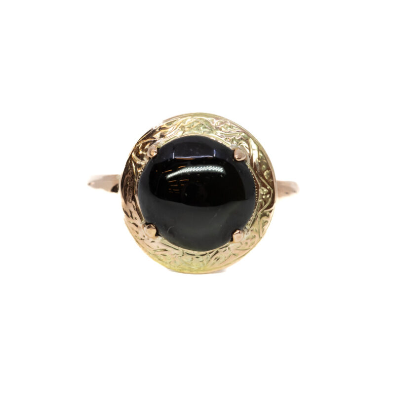 14ct Yellow Gold Cabochon Dark Green Cats Eye Tourmaline Ring Size Q #61058