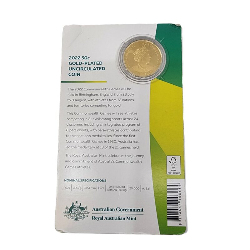 2022 UNC 50c Australian Commonwealth Games Team Gold Plated Coin Card #64459