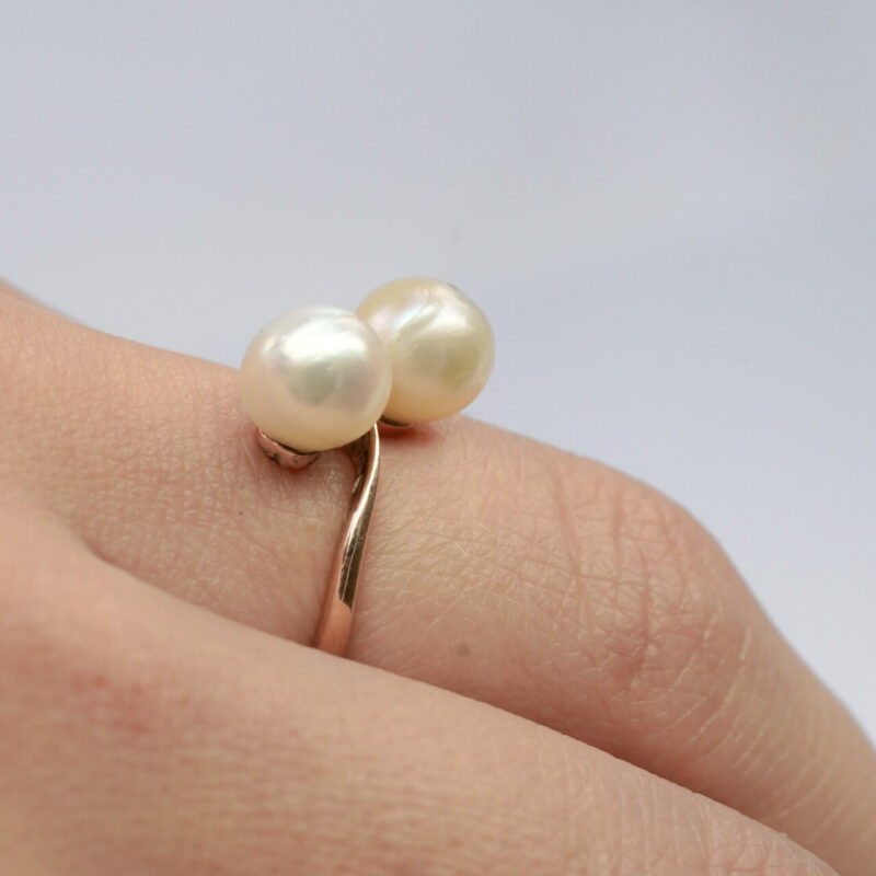 14ct Yellow Gold Double Pearl Cocktail Ring Size J #5042-3