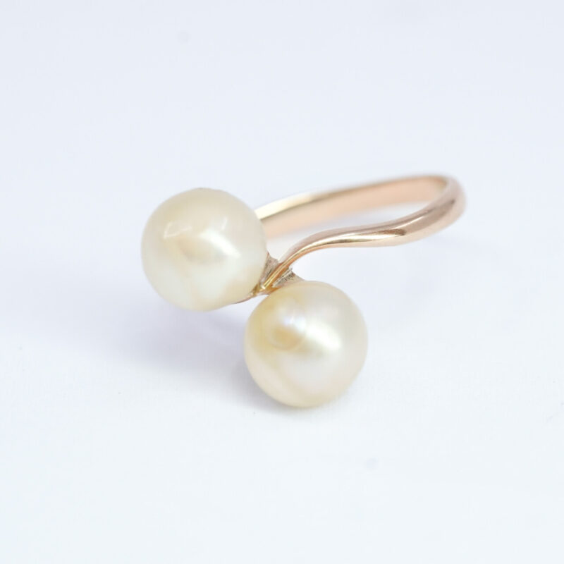 14ct Yellow Gold Double Pearl Cocktail Ring Size J #5042-3