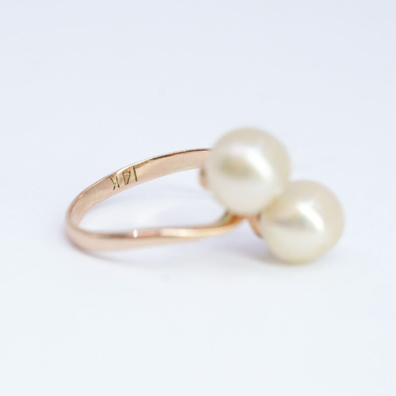 14ct Yellow Gold Double Pearl Cocktail Ring Size J #5042-3