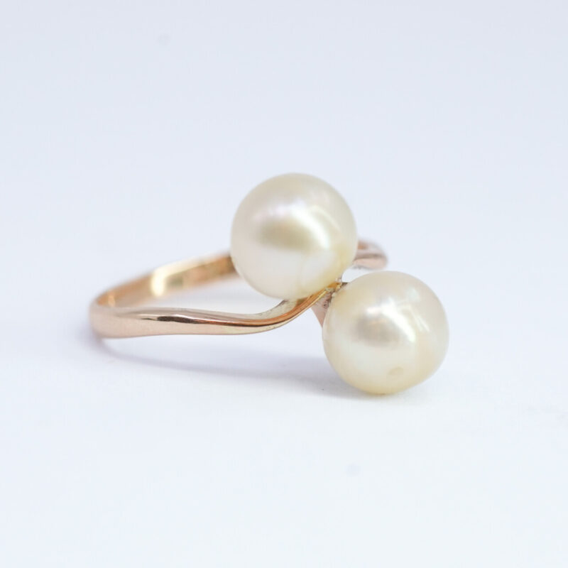 14ct Yellow Gold Double Pearl Cocktail Ring Size J #5042-3