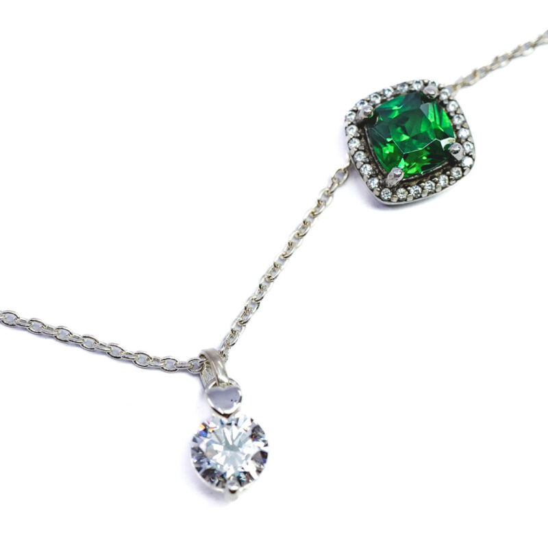 Sterling Silver Green & White Cubic Zirconia Necklace 48cm #64678