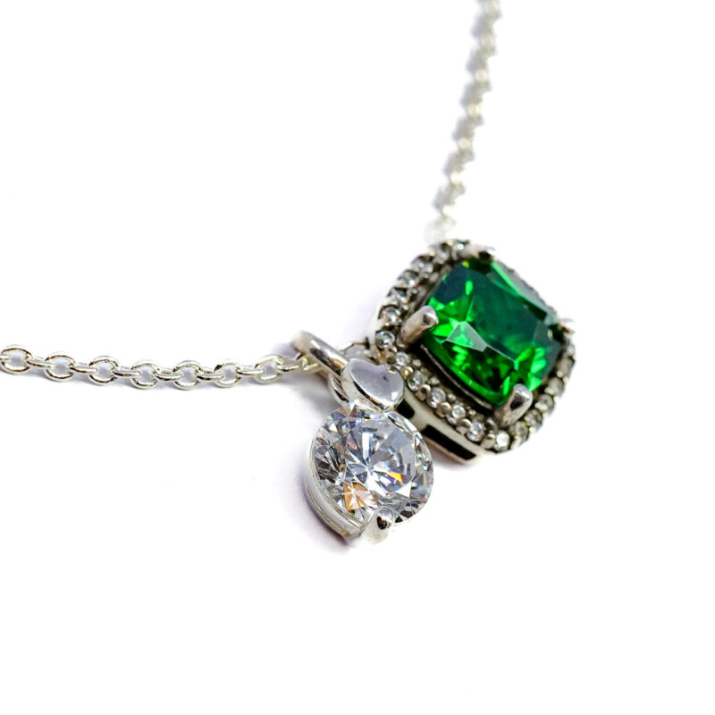 Sterling Silver Green & White Cubic Zirconia Necklace 48cm #64678