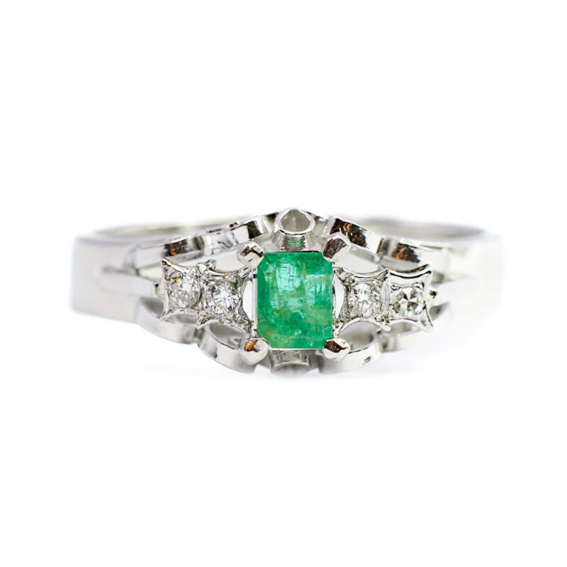 Platinum Rectangular Natural Emerald & Diamond Ring Size L #1074-3