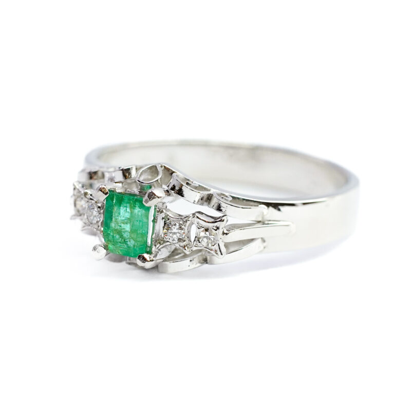 Platinum Rectangular Natural Emerald & Diamond Ring Size L #1074-3