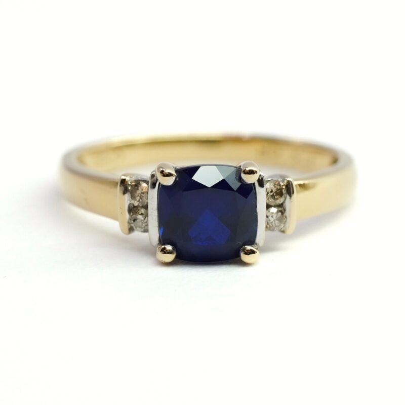 9ct Yellow Gold Created Sapphire & Diamond Ring Size K #64530