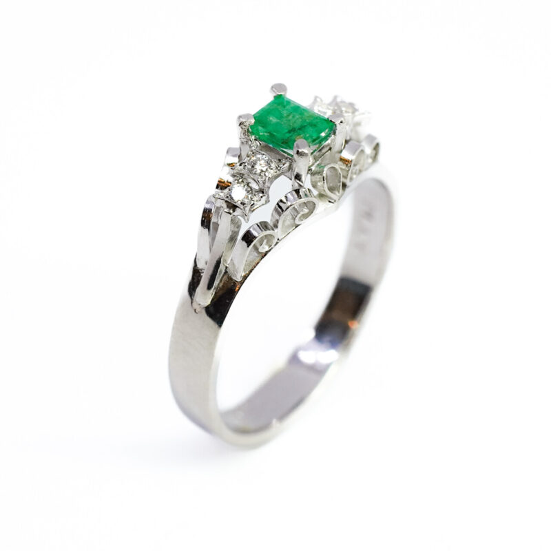 Platinum Rectangular Natural Emerald & Diamond Ring Size L #1074-3