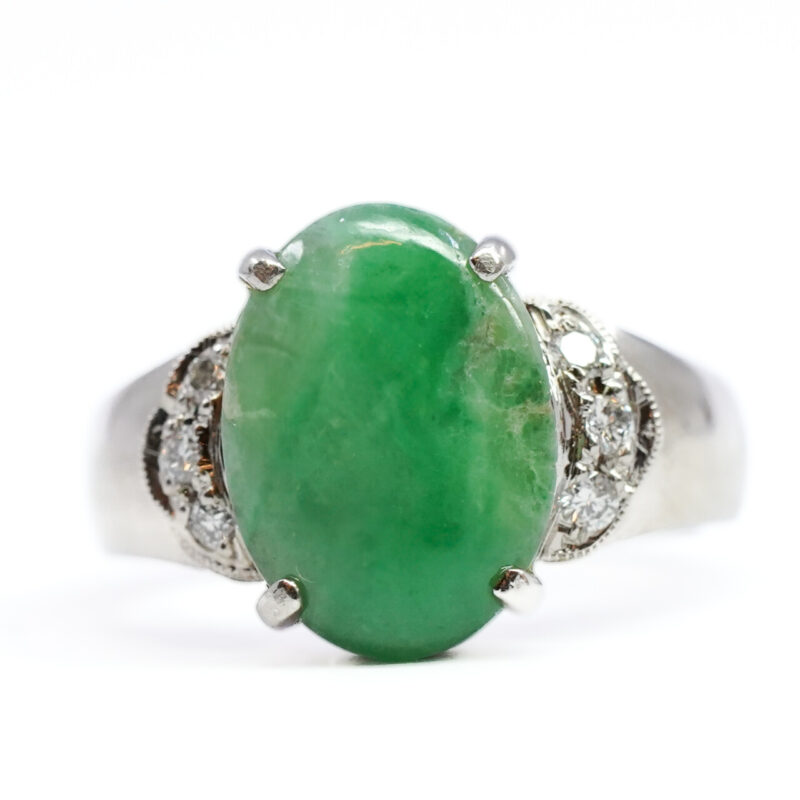 18CT White Gold Jade & Diamond Ring Size N #64503