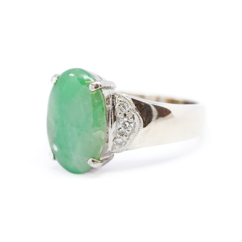 18CT White Gold Jade & Diamond Ring Size N #64503