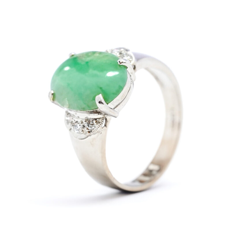 18CT White Gold Jade & Diamond Ring Size N #64503