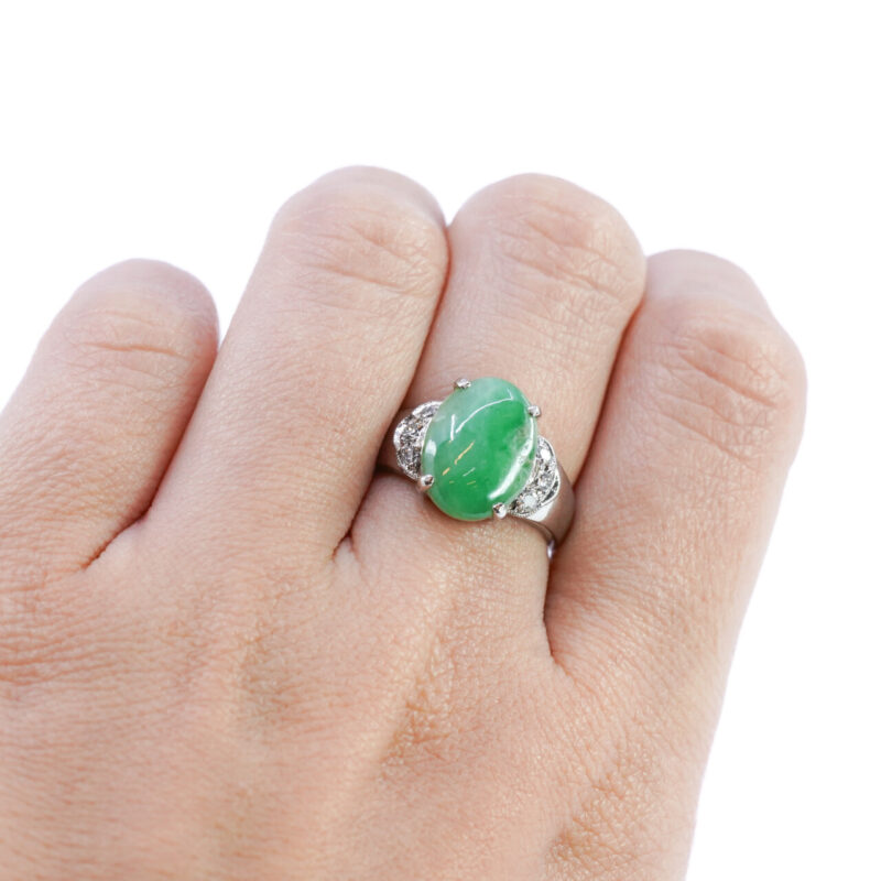 18CT White Gold Jade & Diamond Ring Size N #64503