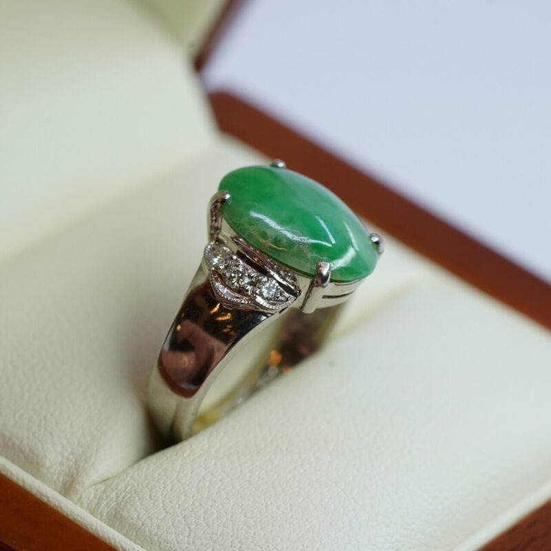 18CT White Gold Jade & Diamond Ring Size N #64503