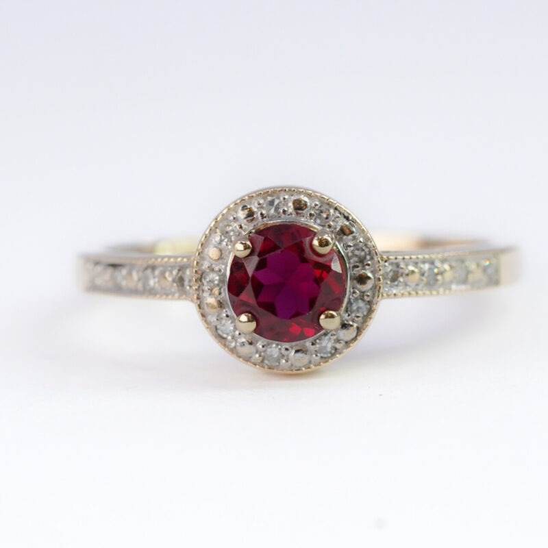 9ct Yellow Gold Synthetic Ruby & Diamond Halo Ring Size N #64343