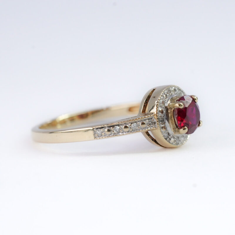 9ct Yellow Gold Synthetic Ruby & Diamond Halo Ring Size N #64343