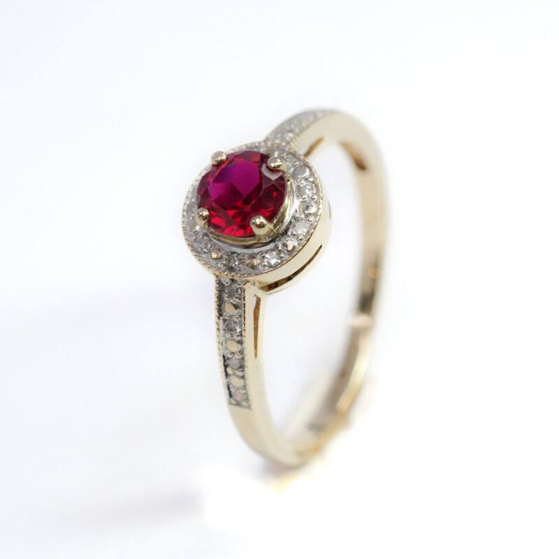 9ct Yellow Gold Synthetic Ruby & Diamond Halo Ring Size N #64343