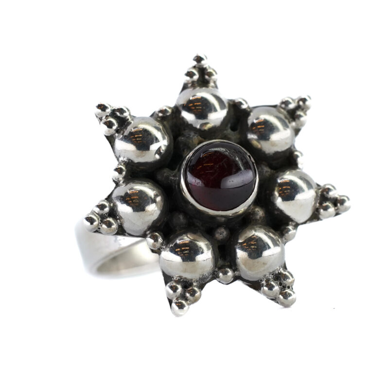 Sterling Silver Cabochon Garnet Silver Flower Star Ring Size P 1/2 #64981