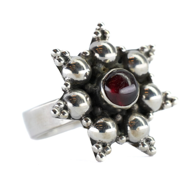 Sterling Silver Cabochon Garnet Silver Flower Star Ring Size P 1/2 #64981