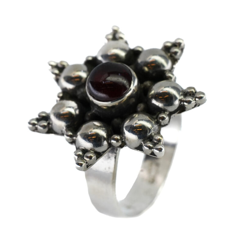 Sterling Silver Cabochon Garnet Silver Flower Star Ring Size P 1/2 #64981