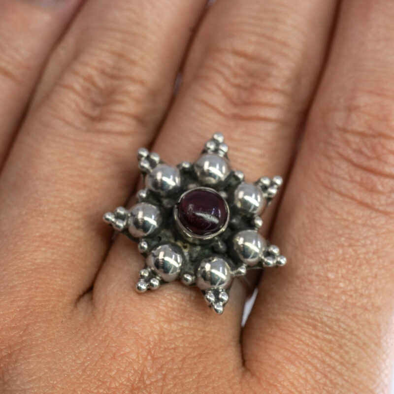 Sterling Silver Cabochon Garnet Silver Flower Star Ring Size P 1/2 #64981