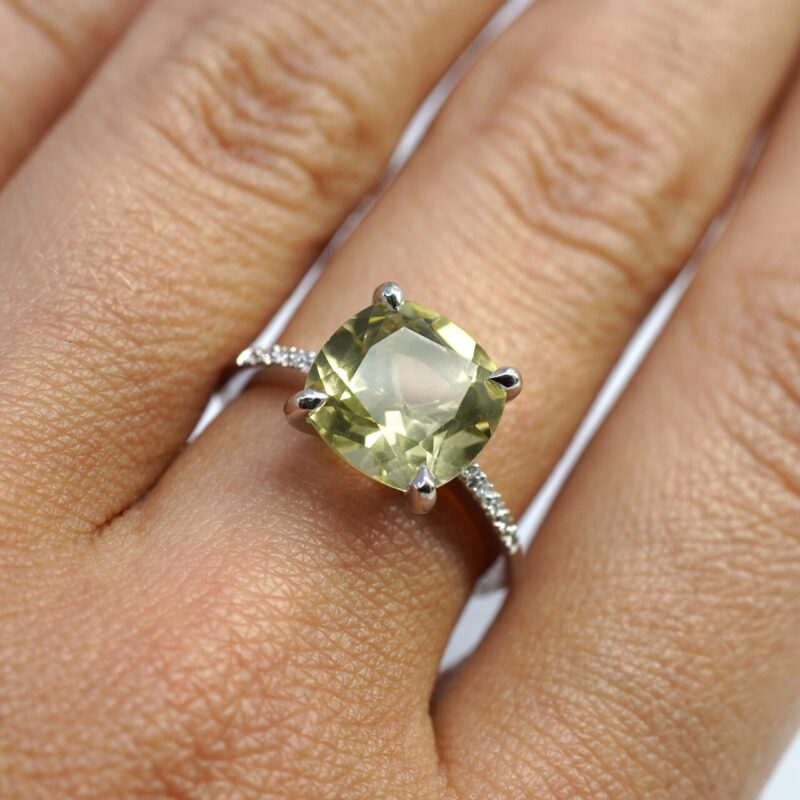 18ct White18 Gold Lemon Quartz & Diamond Ring Size N #65213