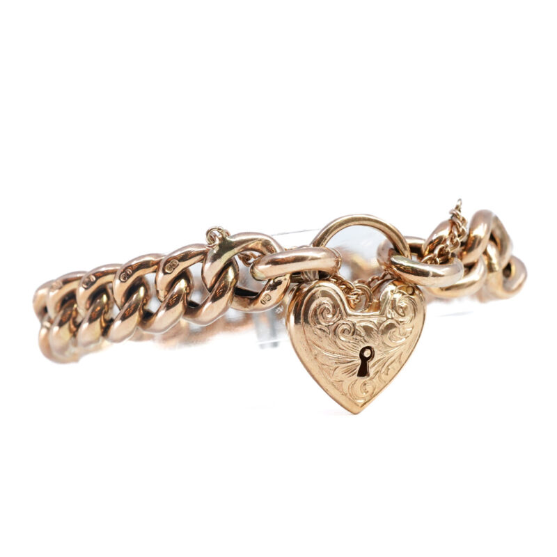 9ct Rose Gold Rounded Curb Link Heart Padlock Bracelet 18.5cm #65123