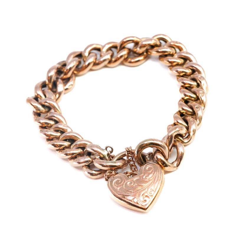 9ct Rose Gold Rounded Curb Link Heart Padlock Bracelet 18.5cm #65123