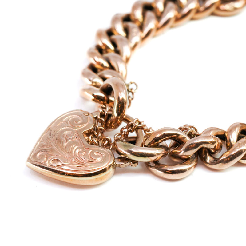 9ct Rose Gold Rounded Curb Link Heart Padlock Bracelet 18.5cm #65123