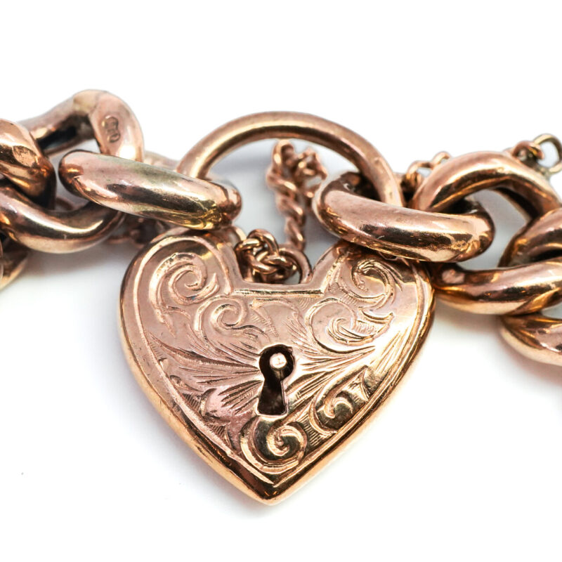 9ct Rose Gold Rounded Curb Link Heart Padlock Bracelet 18.5cm #65123