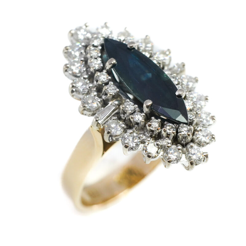 Marquise Sapphire & Double Halo Ring Palladium & 18ct Gold Valued $12500 Size N #65242