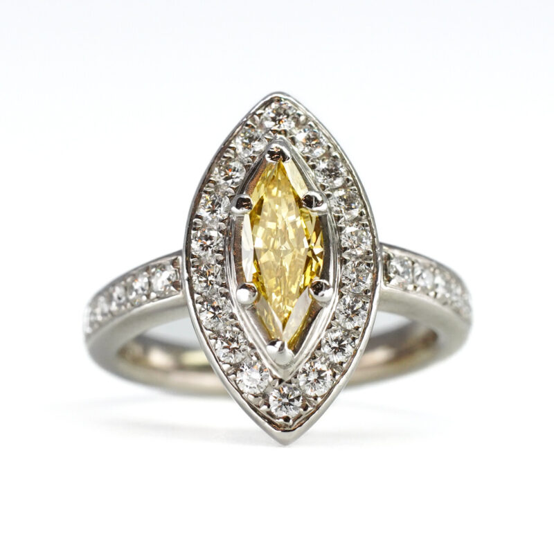 Platinum Fancy Intense Yellow Marquise Diamond Halo Ring Valued $13600 Size H #65243 - Image 4