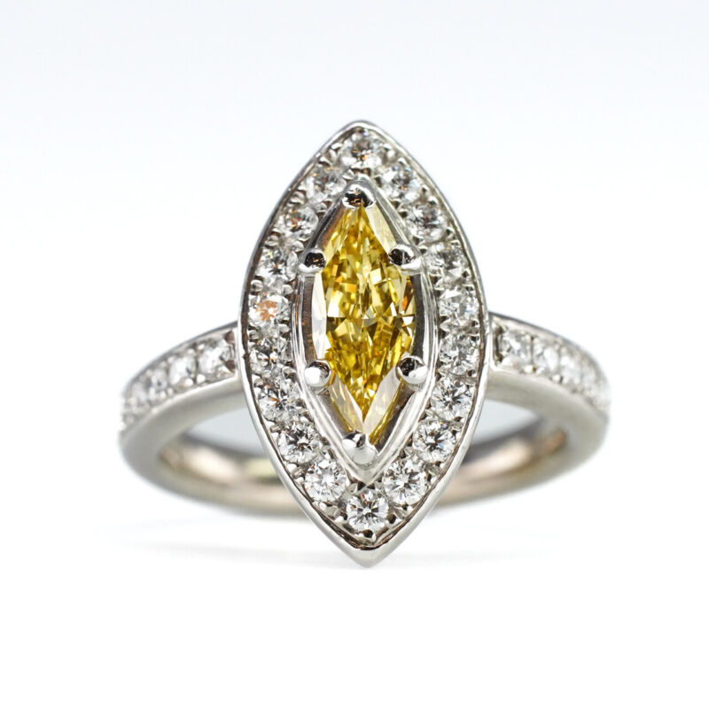 Platinum Fancy Intense Yellow Marquise Diamond Halo Ring Valued $13600 Size H #65243 - Image 5