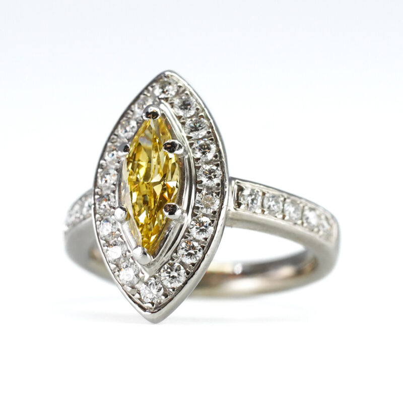 Platinum Fancy Intense Yellow Marquise Diamond Halo Ring Valued $13600 Size H #65243