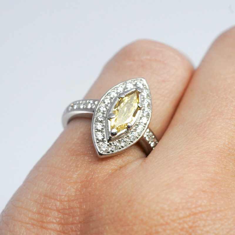 Platinum Fancy Intense Yellow Marquise Diamond Halo Ring Valued $13600 Size H #65243 - Image 2