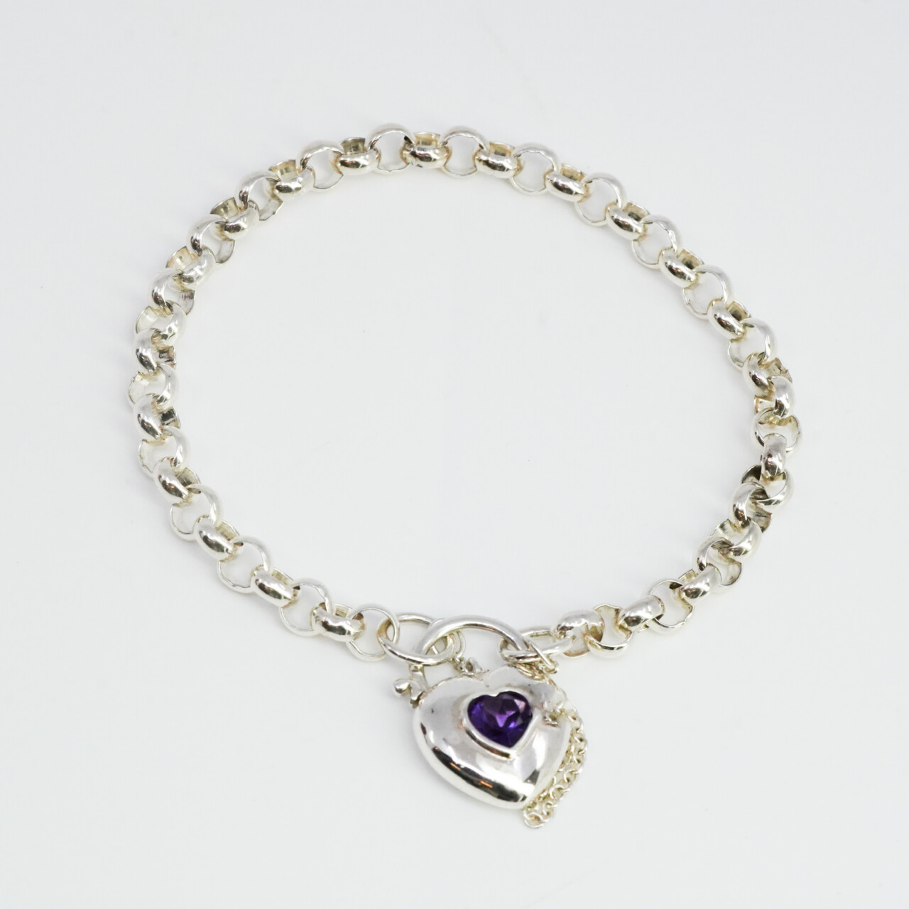Sterling Silver Belcher Heart Padlock Bracelet Purple CZ 19cm #65364