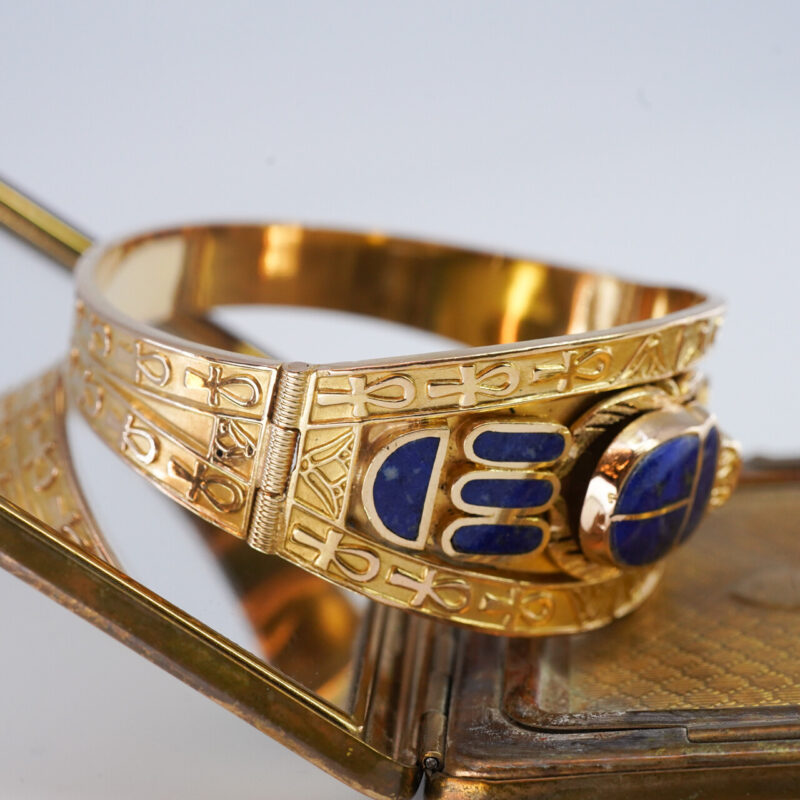 Egyptian Hinge Bangle with Lapis Scarab Beetle 20ct Yellow Gold #64558