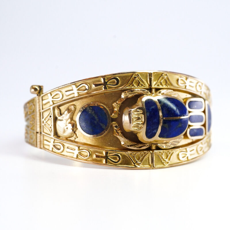 Egyptian Hinge Bangle with Lapis Scarab Beetle 20ct Yellow Gold #64558 - Image 5