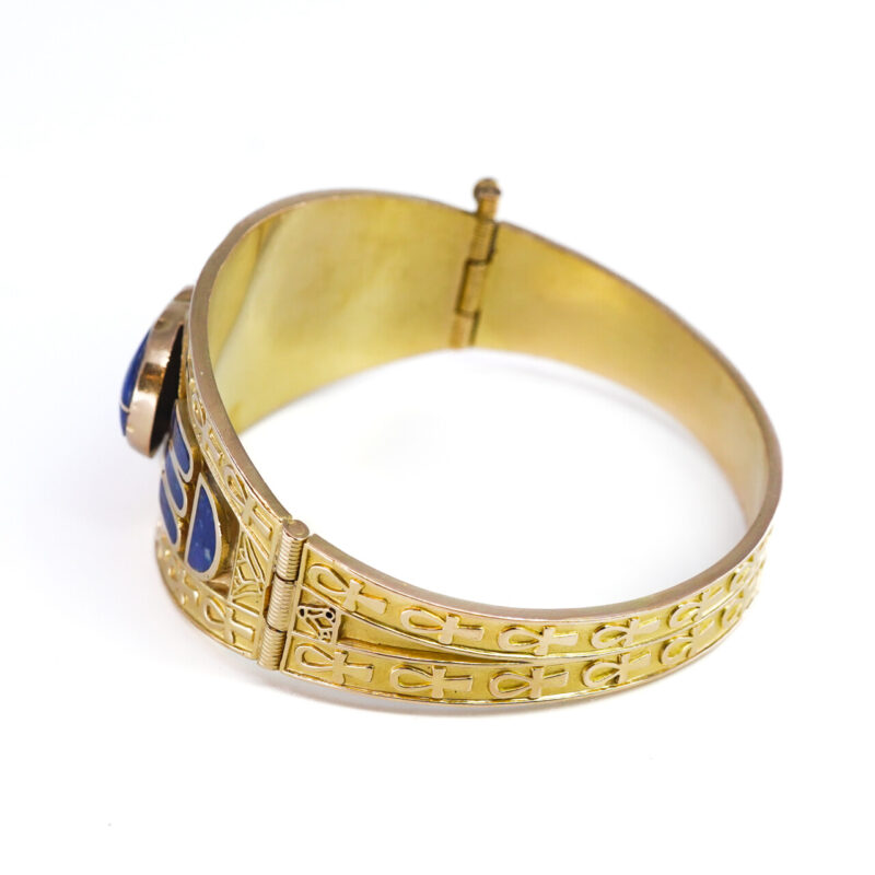 Egyptian Hinge Bangle with Lapis Scarab Beetle 20ct Yellow Gold #64558 - Image 8