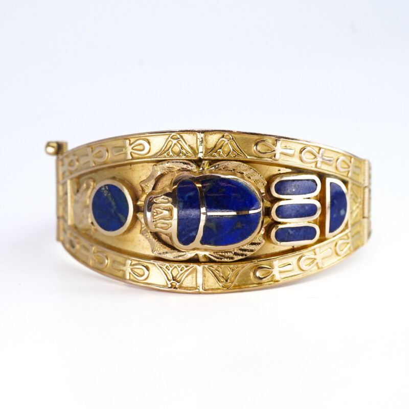 Egyptian Hinge Bangle with Lapis Scarab Beetle 20ct Yellow Gold #64558 - Image 4