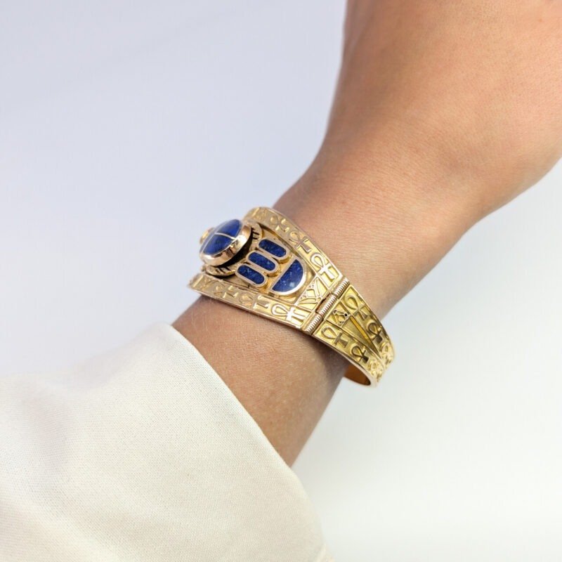 Egyptian Hinge Bangle with Lapis Scarab Beetle 20ct Yellow Gold #64558 - Image 3