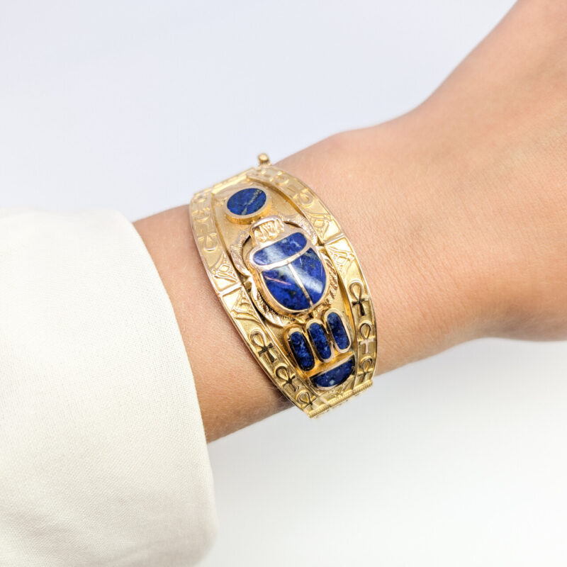 Egyptian Hinge Bangle with Lapis Scarab Beetle 20ct Yellow Gold #64558 - Image 2