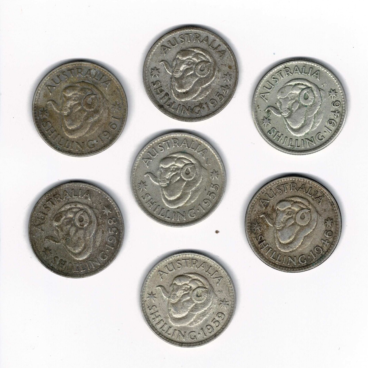 7 X Post War 40s 50s 60s Australian Shilling Coin Collection – KGVI & QE 50% Silver #65053-6