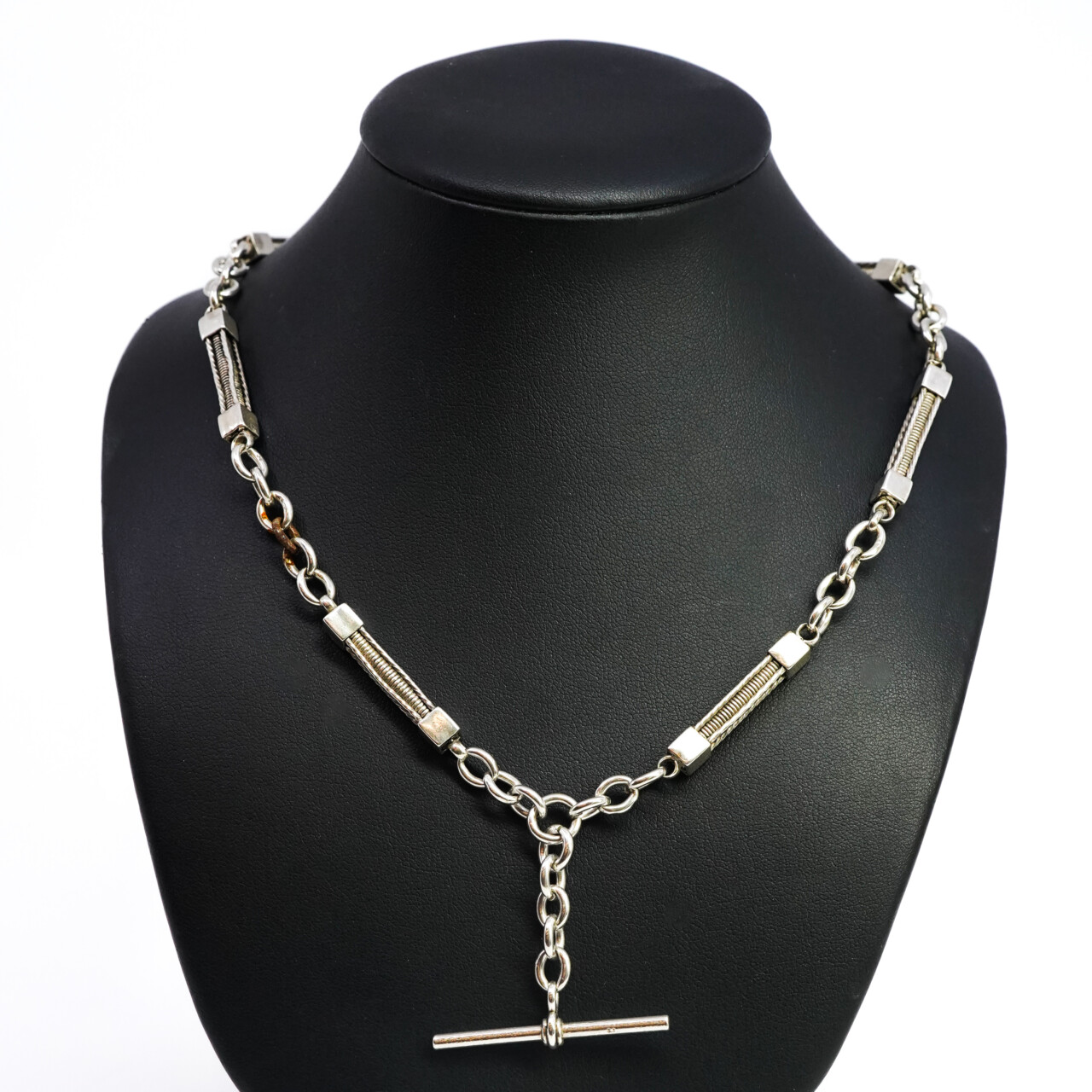 Vintage Sterling Silver Caged Spring Fob Chain with T-Bar – 44cm #65666