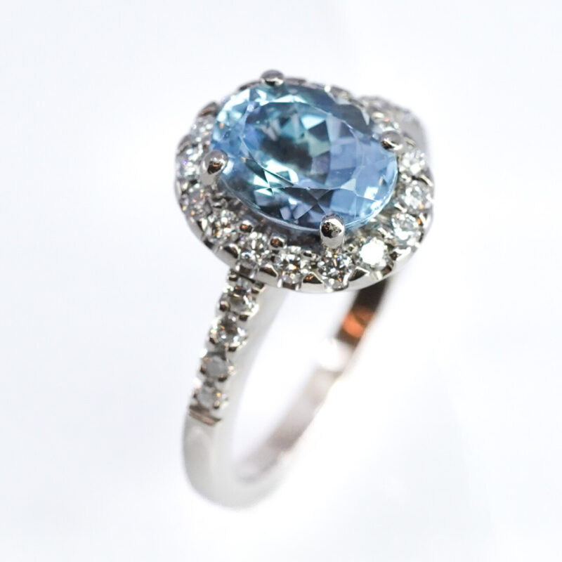 2ct Aquamarine & Diamond Halo 18ct White Gold Ring Size M Val $5900 #65126